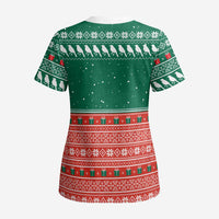 Bangladesh Christmas Scrub Top with Black-Capped Bird Gift Stack and Green Red Snowflake Pattern - Wonder Print Shop