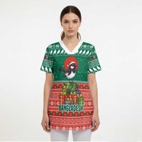 Bangladesh Christmas Scrub Top with Black-Capped Bird Gift Stack and Green Red Snowflake Pattern - Wonder Print Shop