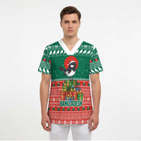 Bangladesh Christmas Scrub Top with Black-Capped Bird Gift Stack and Green Red Snowflake Pattern - Wonder Print Shop