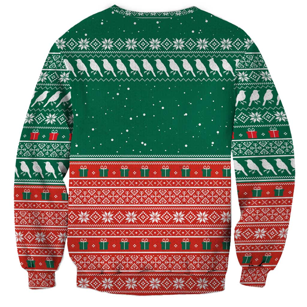 Bangladesh Christmas Sweatshirt with Black-Capped Bird Gift Stack and Green Red Snowflake Pattern - Wonder Print Shop
