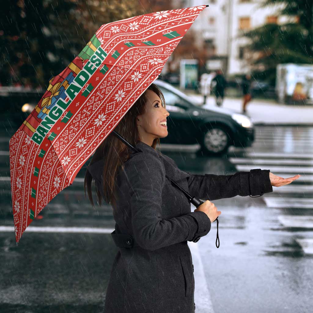 Bangladesh Christmas Umbrella with Black-Capped Bird Gift Stack and Green Red Snowflake Pattern - Wonder Print Shop