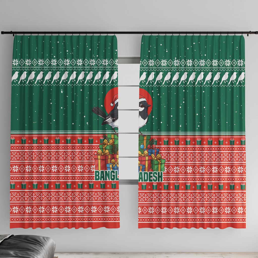 Bangladesh Christmas Window Curtain with Black-Capped Bird Gift Stack and Green Red Snowflake Pattern - Wonder Print Shop