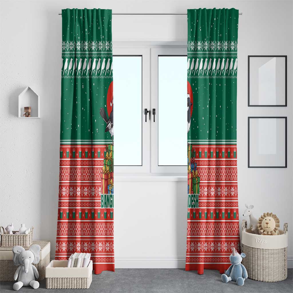 Bangladesh Christmas Window Curtain with Black-Capped Bird Gift Stack and Green Red Snowflake Pattern - Wonder Print Shop