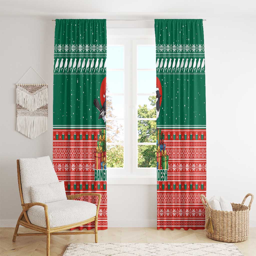 Bangladesh Christmas Window Curtain with Black-Capped Bird Gift Stack and Green Red Snowflake Pattern - Wonder Print Shop