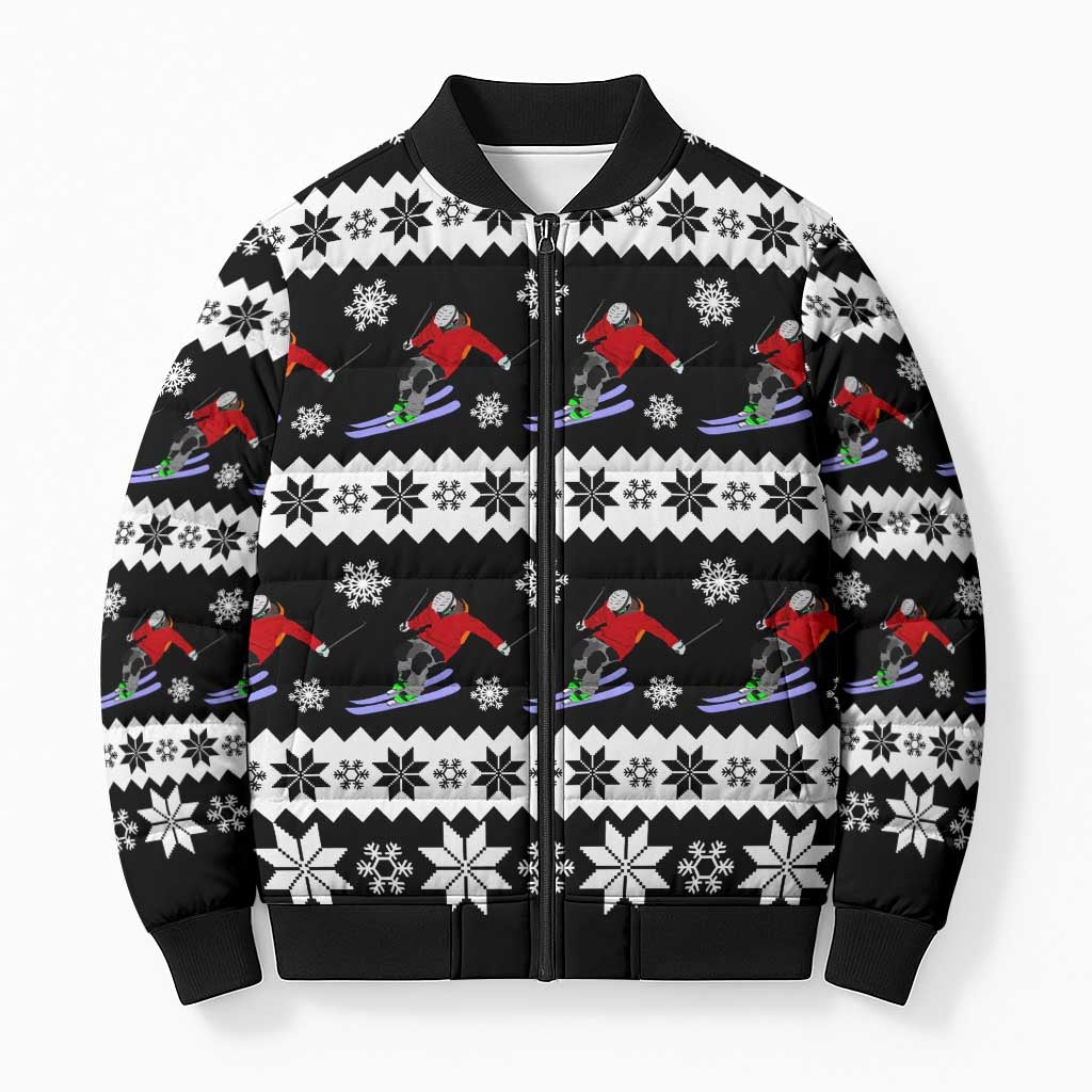 Skiing Snowflake Christmas Bomber Puffer Jacket Xmas Holiday Patterns - Wonder Print Shop