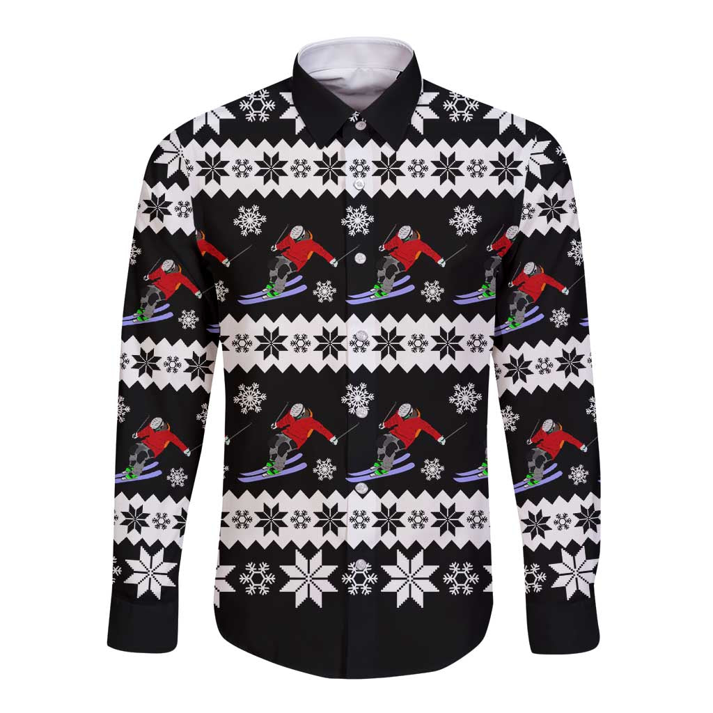 Skiing Snowflake Christmas Long Sleeve Button Shirt Xmas Holiday Patterns - Wonder Print Shop