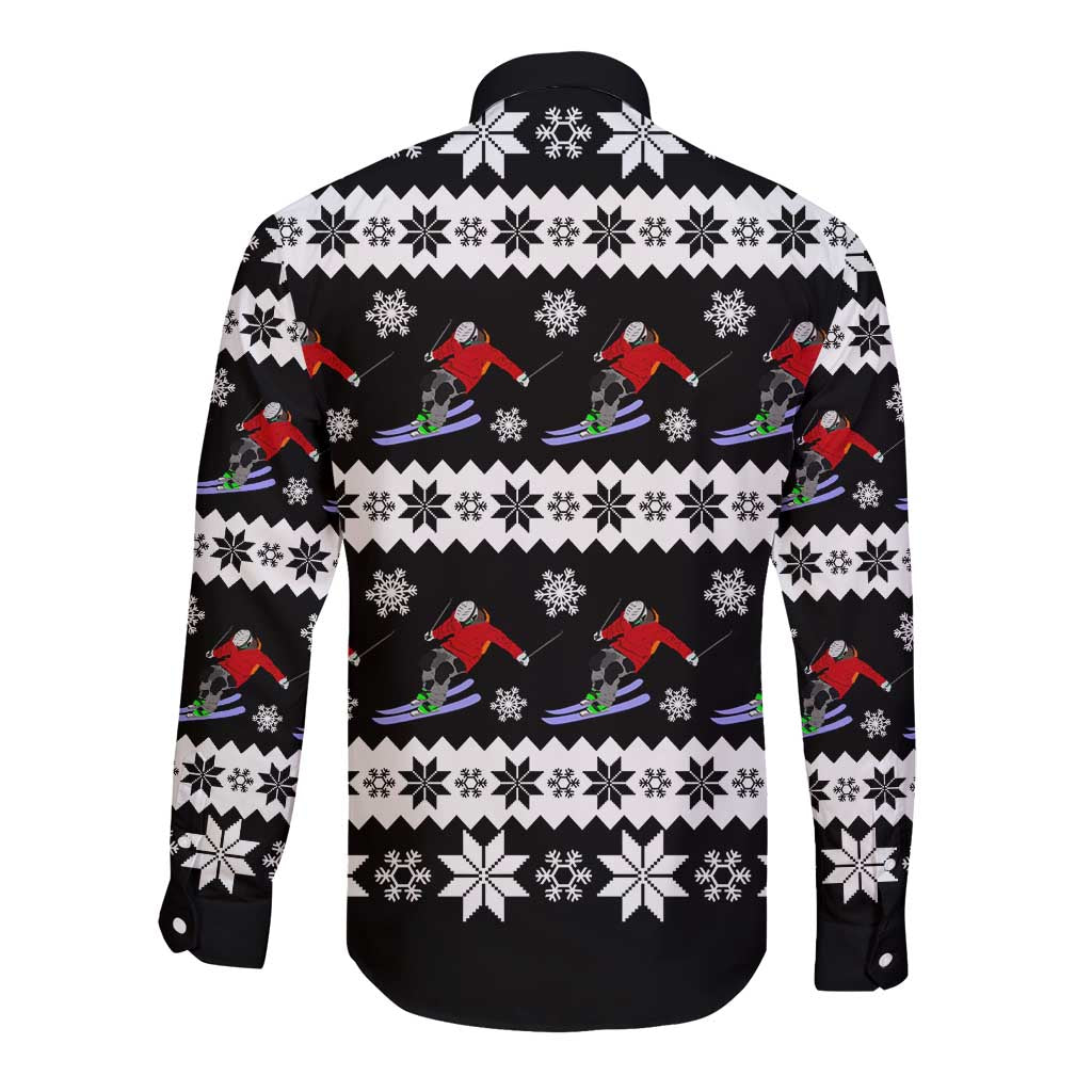 Skiing Snowflake Christmas Long Sleeve Button Shirt Xmas Holiday Patterns - Wonder Print Shop