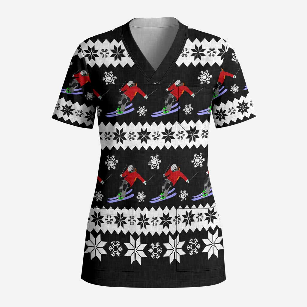 Skiing Snowflake Christmas Scrub Top Xmas Holiday Patterns - Wonder Print Shop