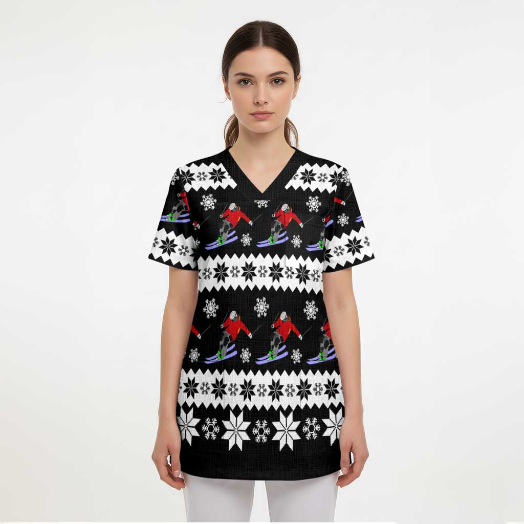 Skiing Snowflake Christmas Scrub Top Xmas Holiday Patterns - Wonder Print Shop