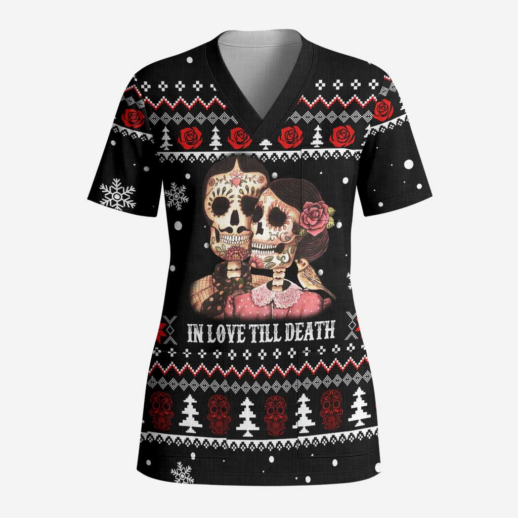 Skull Couple Christmas Scrub Top Xmas Holiday Patterns - Wonder Print Shop