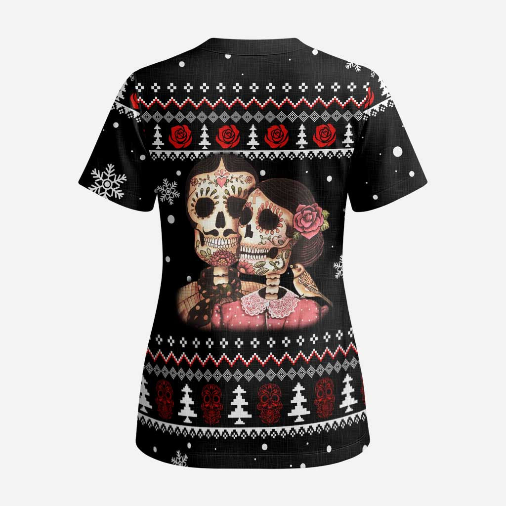 Skull Couple Christmas Scrub Top Xmas Holiday Patterns - Wonder Print Shop