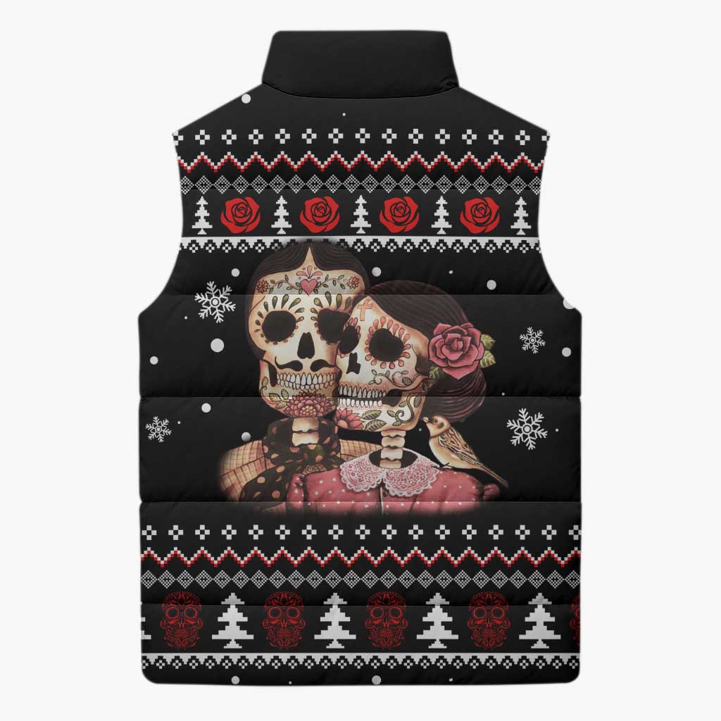 Skull Couple Christmas Sleeveless Puffer Jacket Xmas Holiday Patterns - Wonder Print Shop