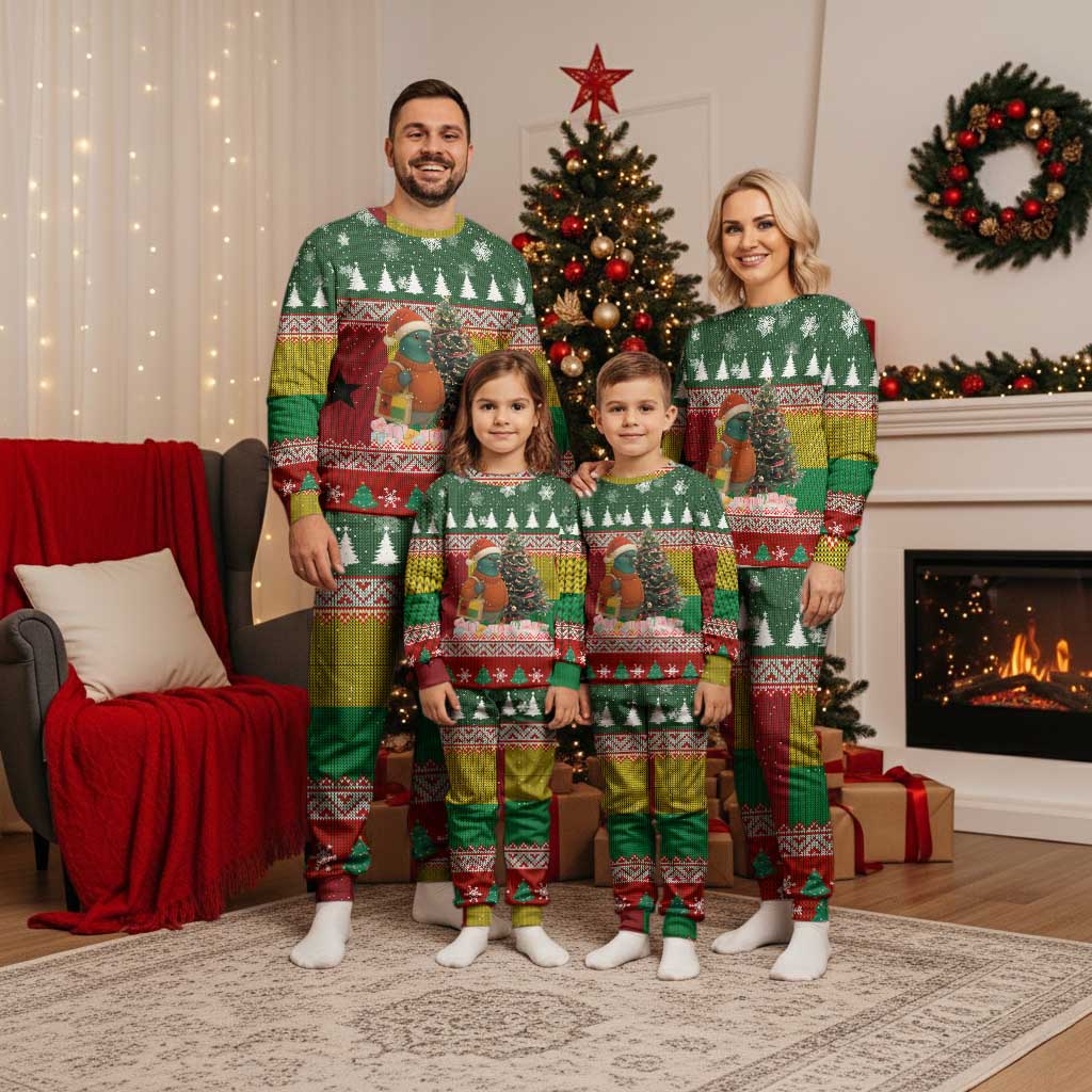 Guinea Bissau Christmas Pajama Set with Santa Penguin Christmas Tree and Red Green Yellow Snowflake - Wonder Print Shop