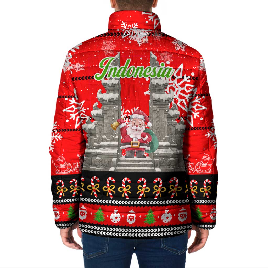 Indonesia Christmas Padded Jacket with Santa Temple Snowflakes and Red Candy Cane Pattern - Wonder Print Shop