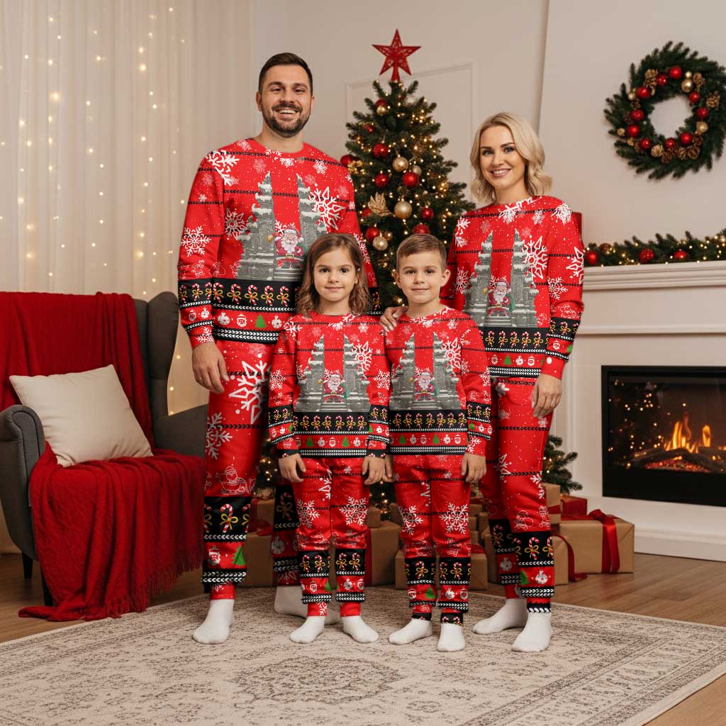 Indonesia Christmas Pajama Set with Santa Temple Snowflakes and Red Candy Cane Pattern - Wonder Print Shop