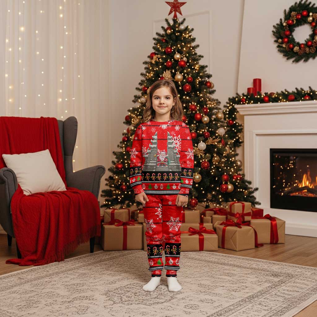Indonesia Christmas Pajama Set with Santa Temple Snowflakes and Red Candy Cane Pattern - Wonder Print Shop