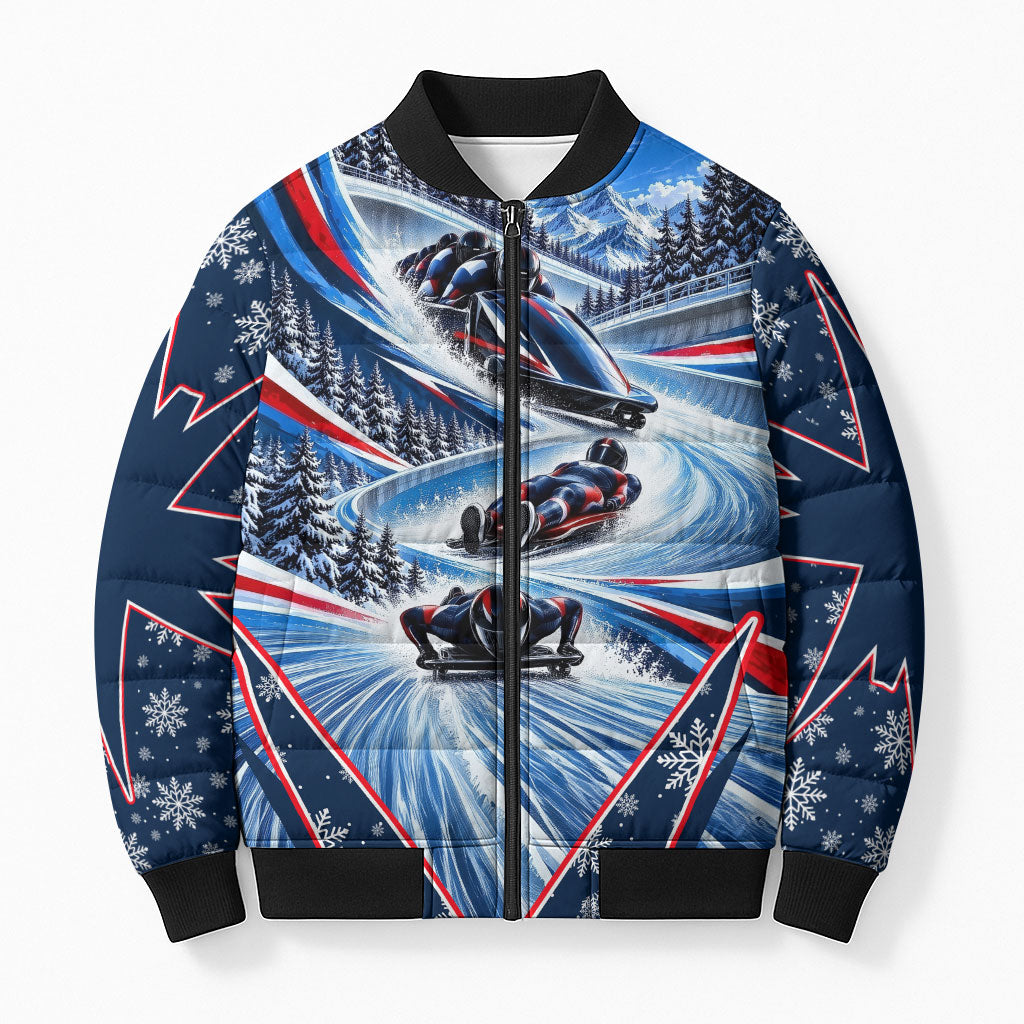 Winter Sliding Sports Bobsleigh Luge Skeleton Bomber Puffer Jacket Ice Racing Snowflakes Dynamic Winter Sports
