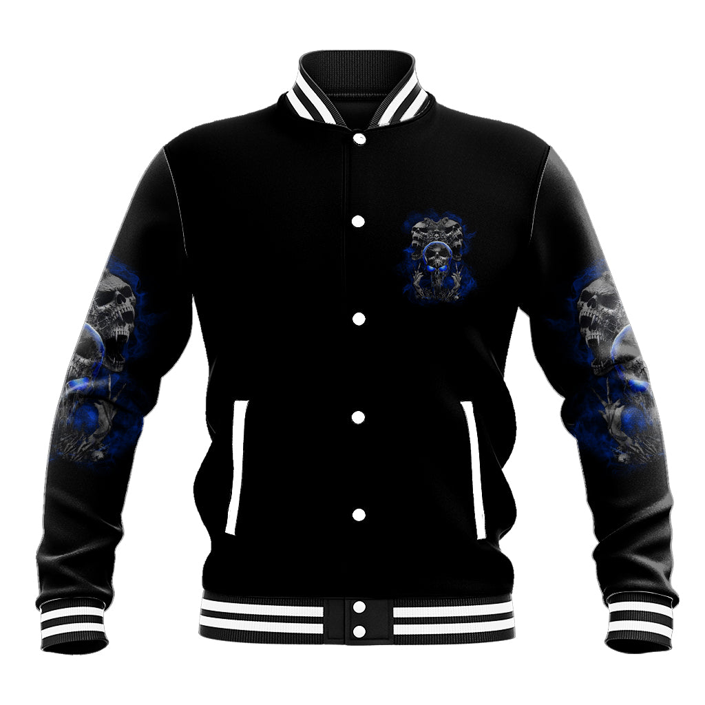 Black snap-front varsity jacket with blue skull emblem on chest and striped ribbed cuffs