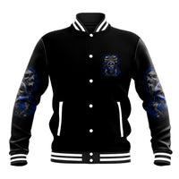 Black snap-front varsity jacket with blue skull emblem on chest and striped ribbed cuffs