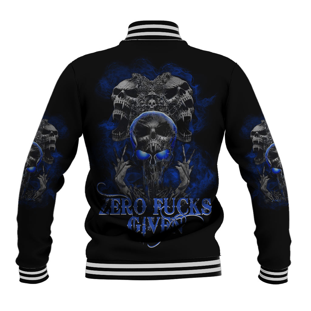 Black varsity baseball jacket with blue skull butterfly back graphic and ribbed striped hem
