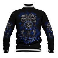 Black varsity baseball jacket with blue skull butterfly back graphic and ribbed striped hem