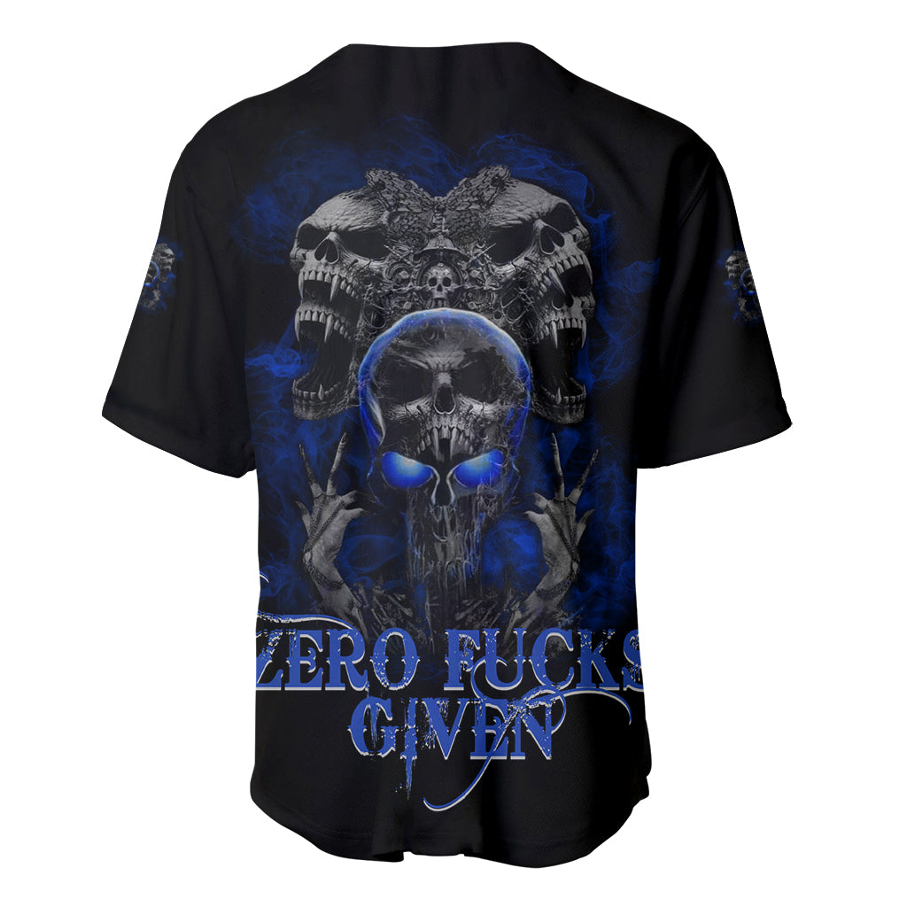 Black baseball jersey with blue skull and demon wings graphic, button-front and slogan
