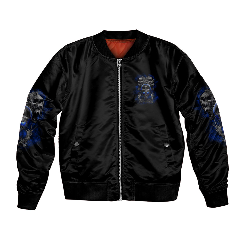 Black bomber jacket with front zipper and blue skull art on sleeves and chest