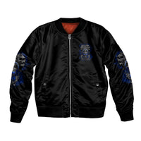 Black bomber jacket with front zipper and blue skull art on sleeves and chest