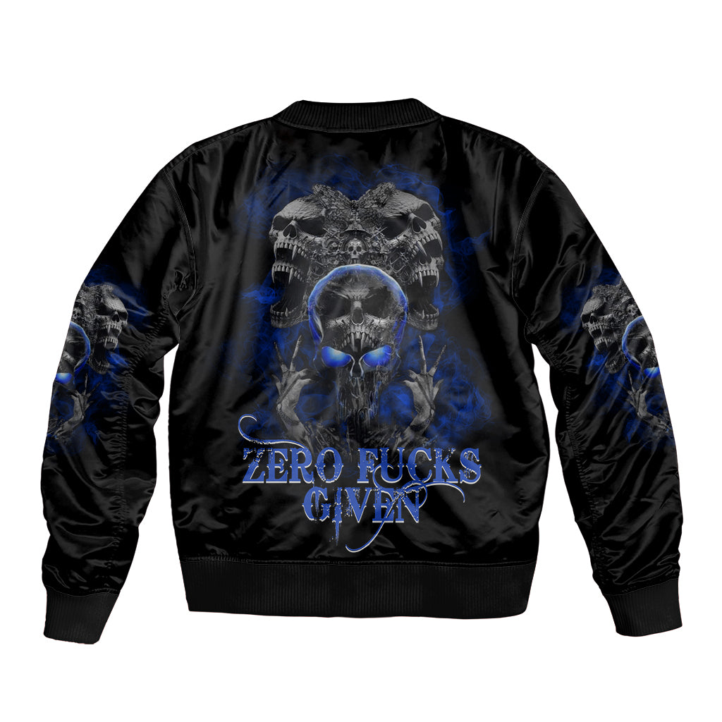 Black satin bomber jacket with skull graphic and blue text on the back