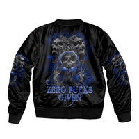 Black satin bomber jacket with skull graphic and blue text on the back