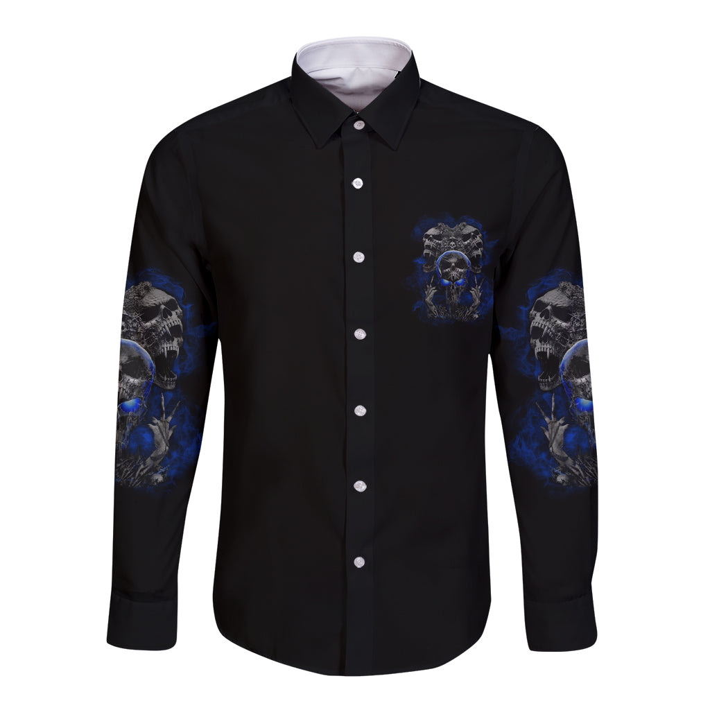 Black long-sleeve button shirt with small blue skull chest graphic and blue sleeve designs