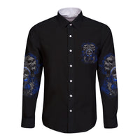 Black long-sleeve button shirt with small blue skull chest graphic and blue sleeve designs