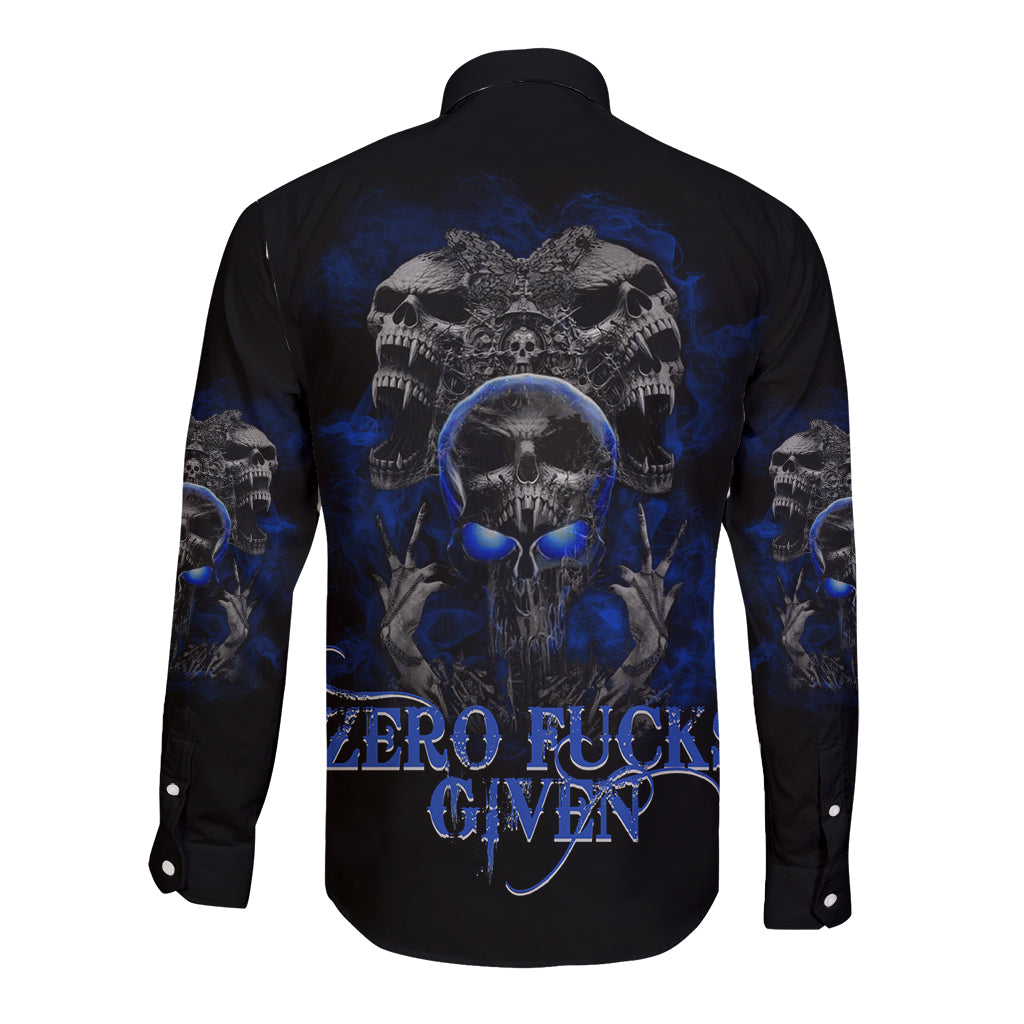 Black long-sleeve button shirt with blue skull graphic and slogan text