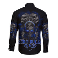Black long-sleeve button shirt with blue skull graphic and slogan text