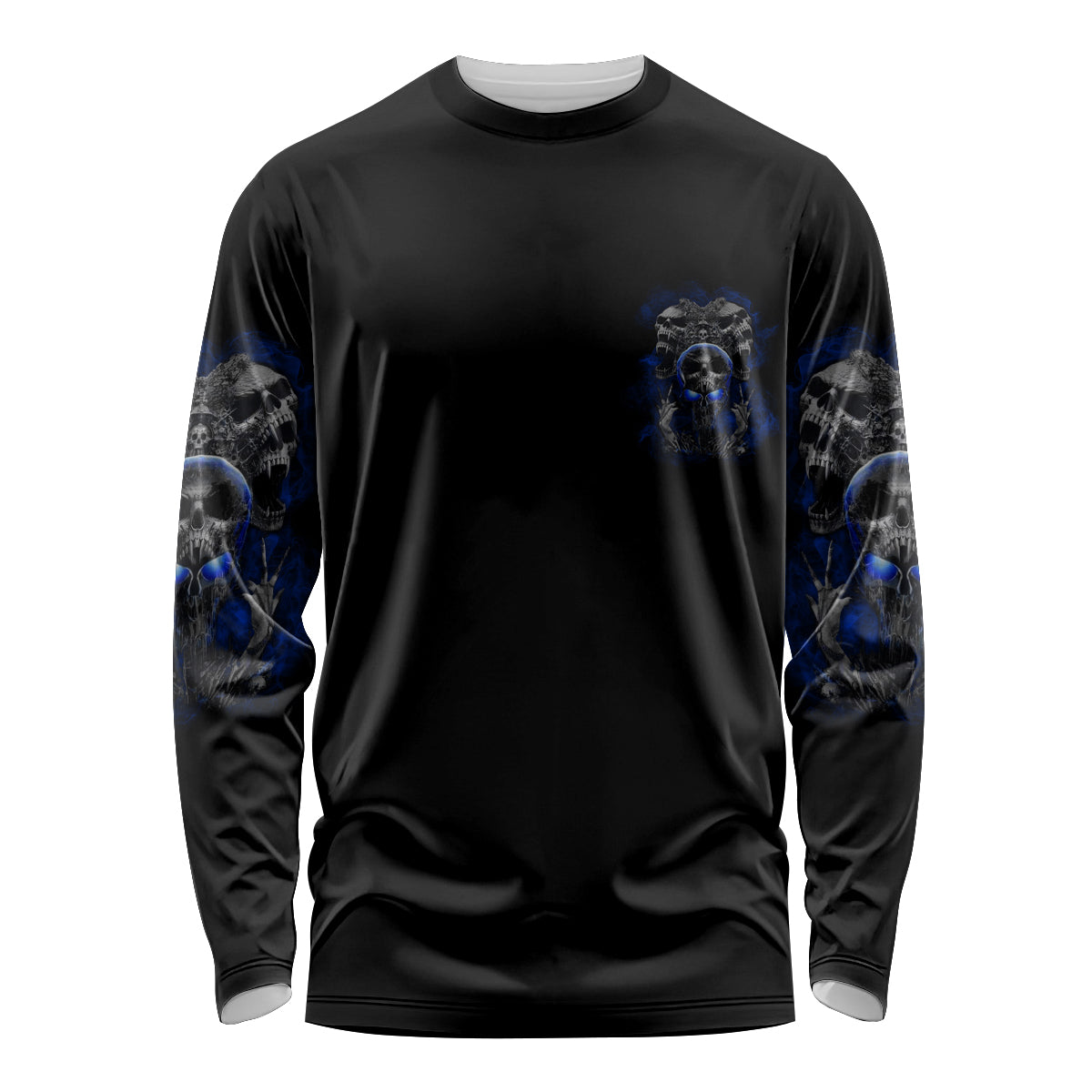 Black long-sleeve shirt with small blue skull chest graphic