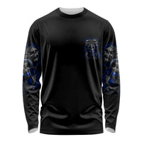 Black long-sleeve shirt with small blue skull chest graphic