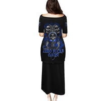 Black long dress with 3/4 sleeves, skull-and-butterfly graphic on back, text