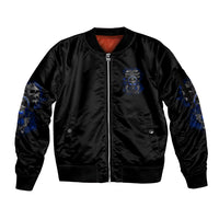 Black bomber jacket with blue skull side graphics, front zipper, ribbed hem