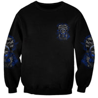 Black crewneck sweatshirt with small blue skull-butterfly emblem at center