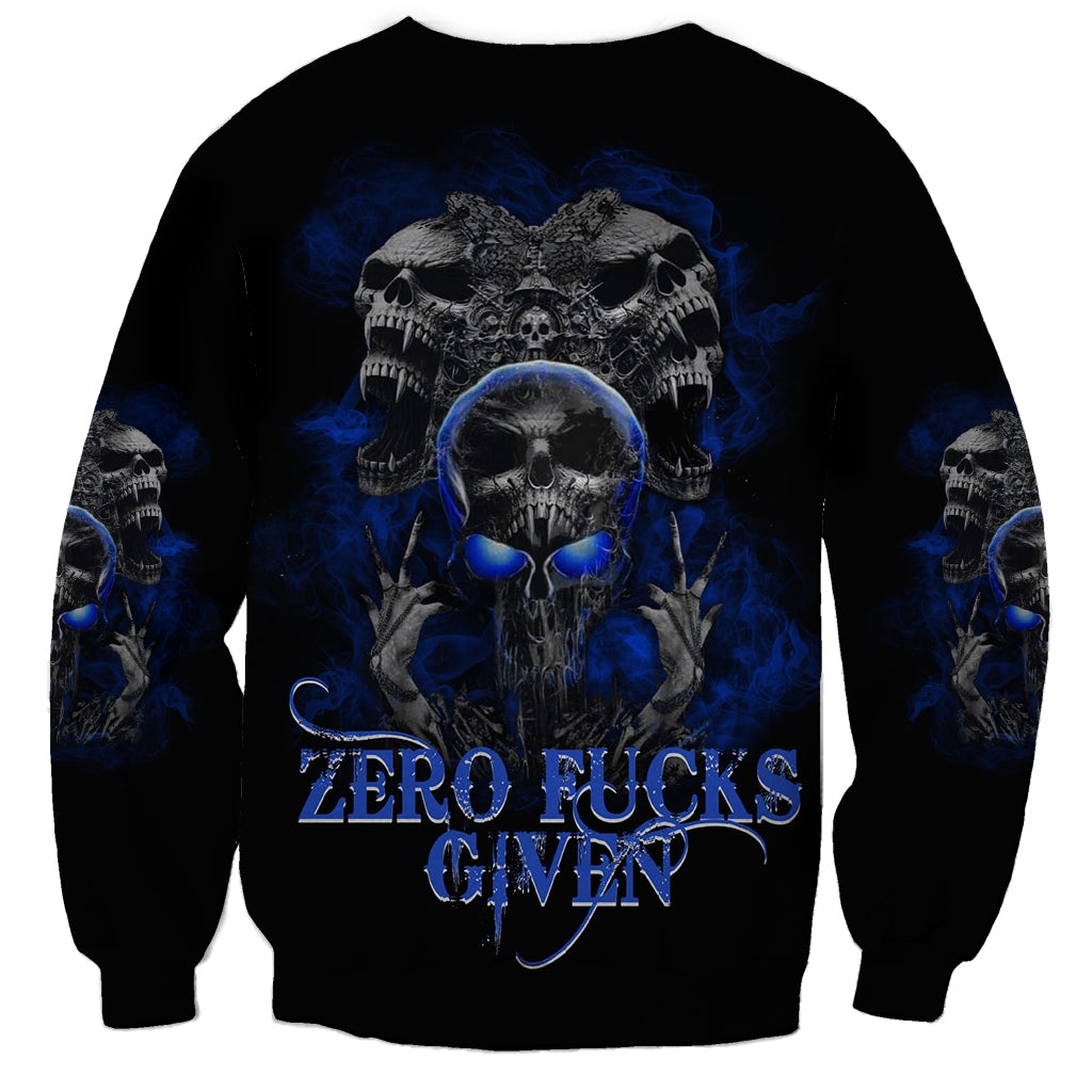 Black crewneck sweatshirt with blue skull-butterfly graphic and ZERO FUCKS GIVEN print