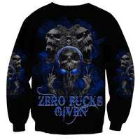 Black crewneck sweatshirt with blue skull-butterfly graphic and ZERO FUCKS GIVEN print