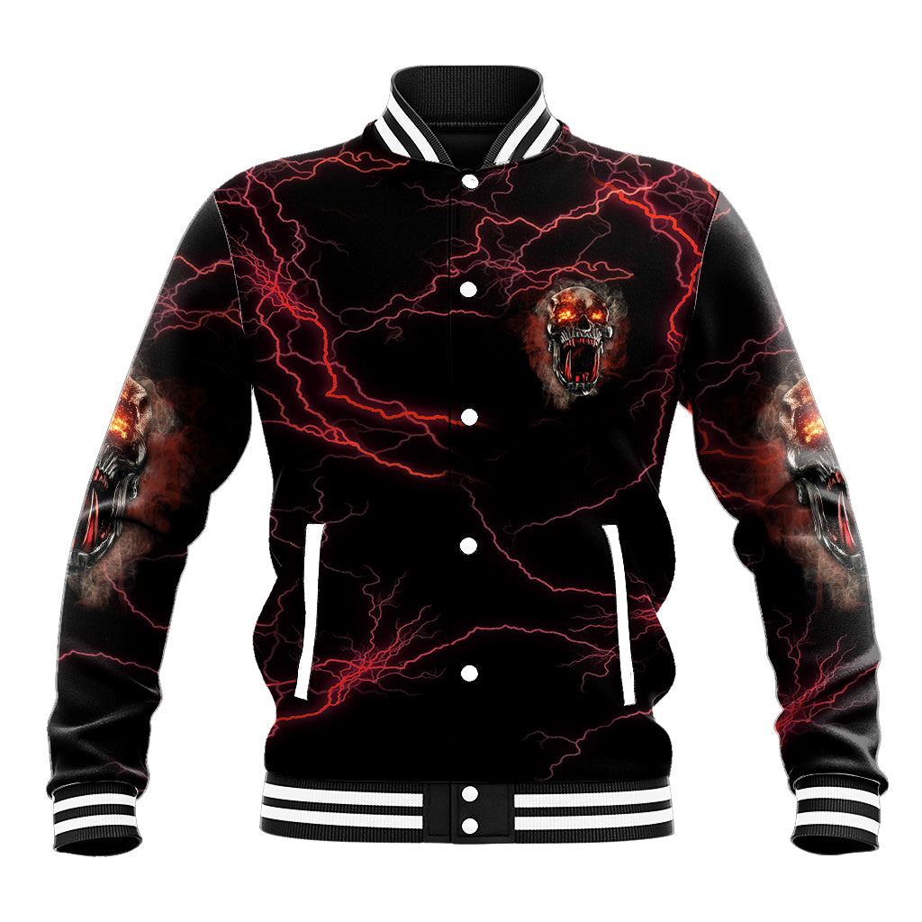 Black varsity baseball jacket with red lightning skull chest graphic, snap buttons, striped collar