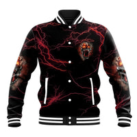 Black varsity baseball jacket with red lightning skull chest graphic, snap buttons, striped collar