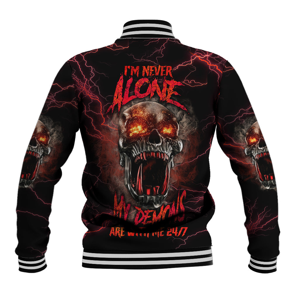 Black baseball jacket with red lightning skull back print, striped ribbed cuffs and hem