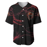 Black button-front baseball jersey with red lightning pattern and skull demon chest print