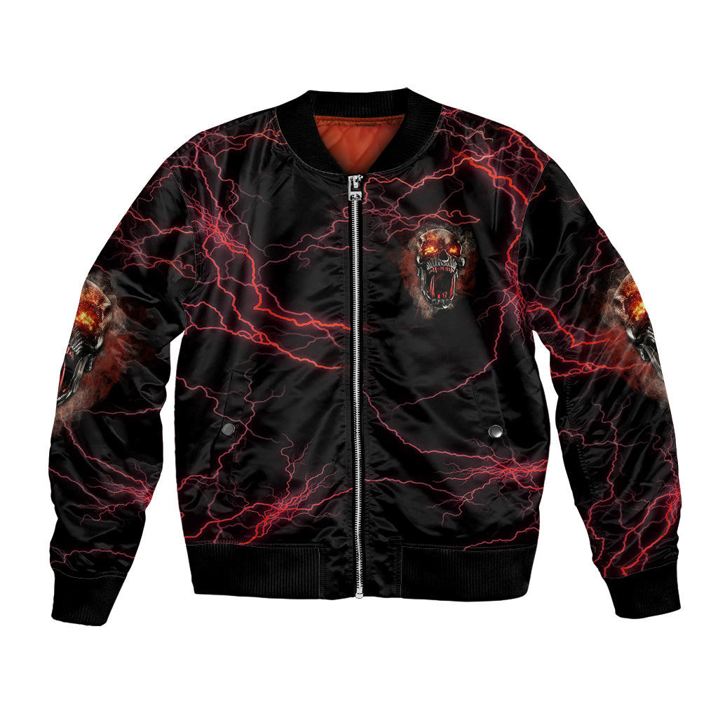 Black bomber jacket with red lightning pattern, front zipper, and skull chest graphic