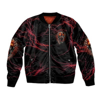 Black bomber jacket with red lightning pattern, front zipper, and skull chest graphic