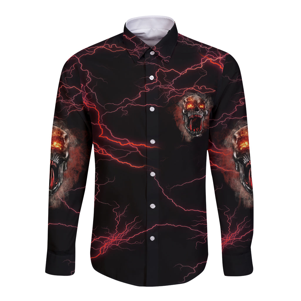 Skull demon long-sleeve button shirt, black with red lightning and flaming skull graphic