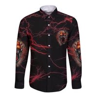 Skull demon long-sleeve button shirt, black with red lightning and flaming skull graphic