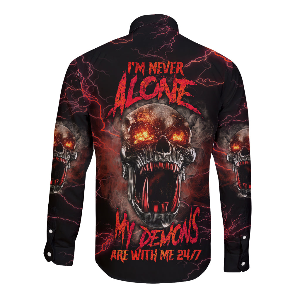 Skull demon long-sleeve button shirt, black with red lightning and skull graphic (back)